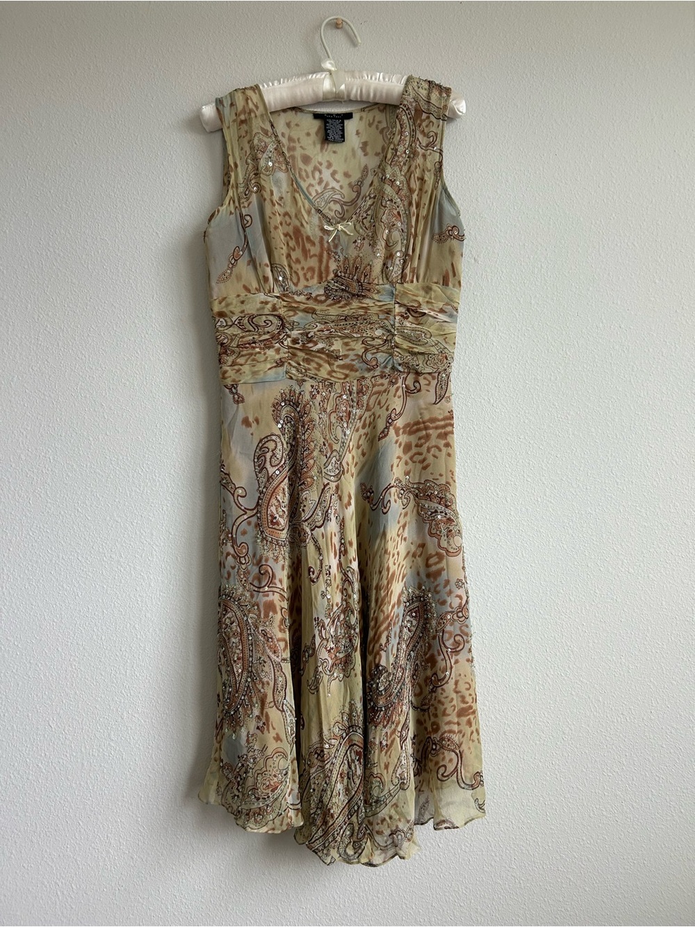 Y2K ECI Fairy Style 100% Silk Exterior Beaded Midi Dress in Beige